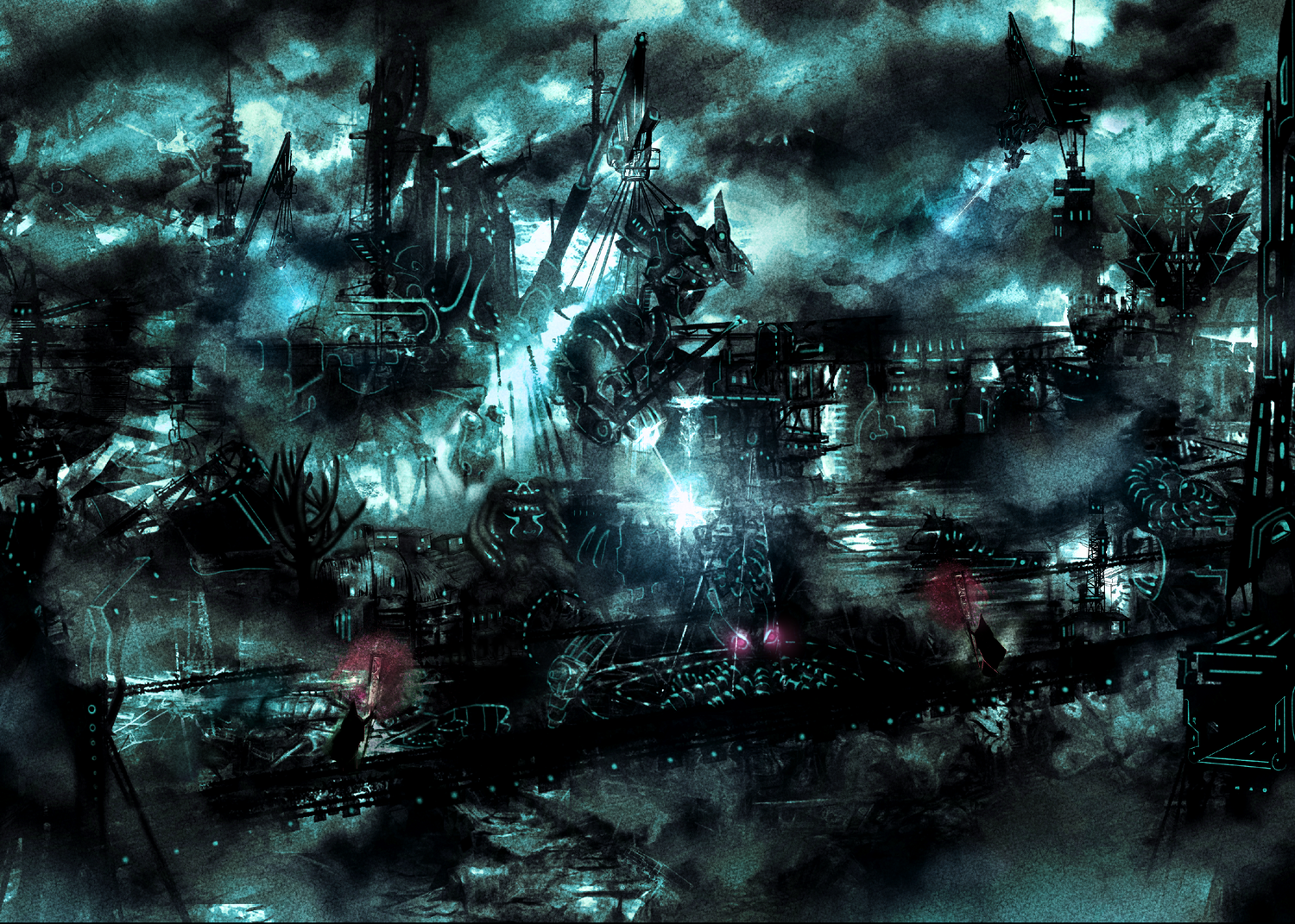 A futuristic dark and misty city in cyan and black being rebuilt by elegant robots and wizards.